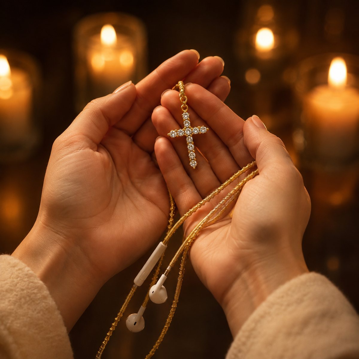 Crystal Cross Gold Hand-Wrapped Wired Earphones — Faith-Inspired Charm