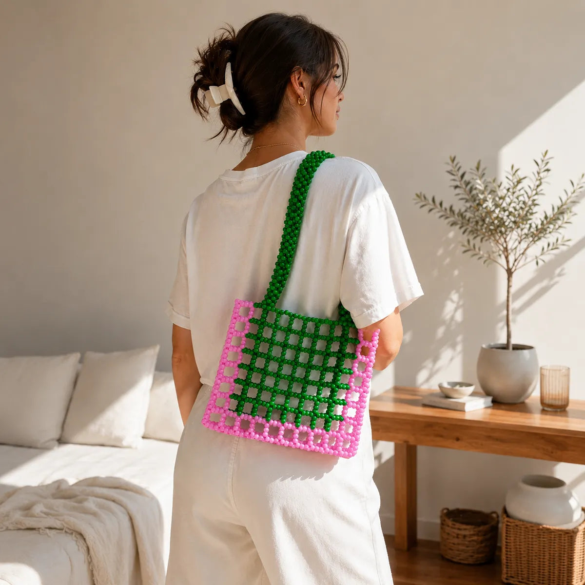 Pink and Green Beaded Tote Bag — Retro Grid, Handmade