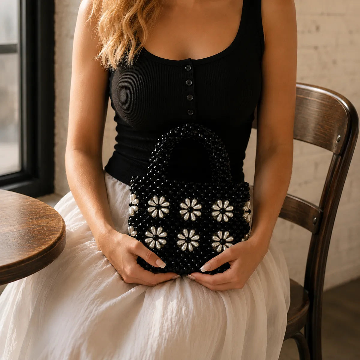 Small Pearl Beaded Handbag — Black Daisy Mini, Handmade