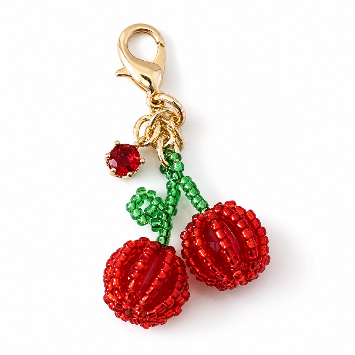 Handmade Glass Seed-Bead Cherries Bag Charm - Beaded Cherries Keychain for Bags & Keys