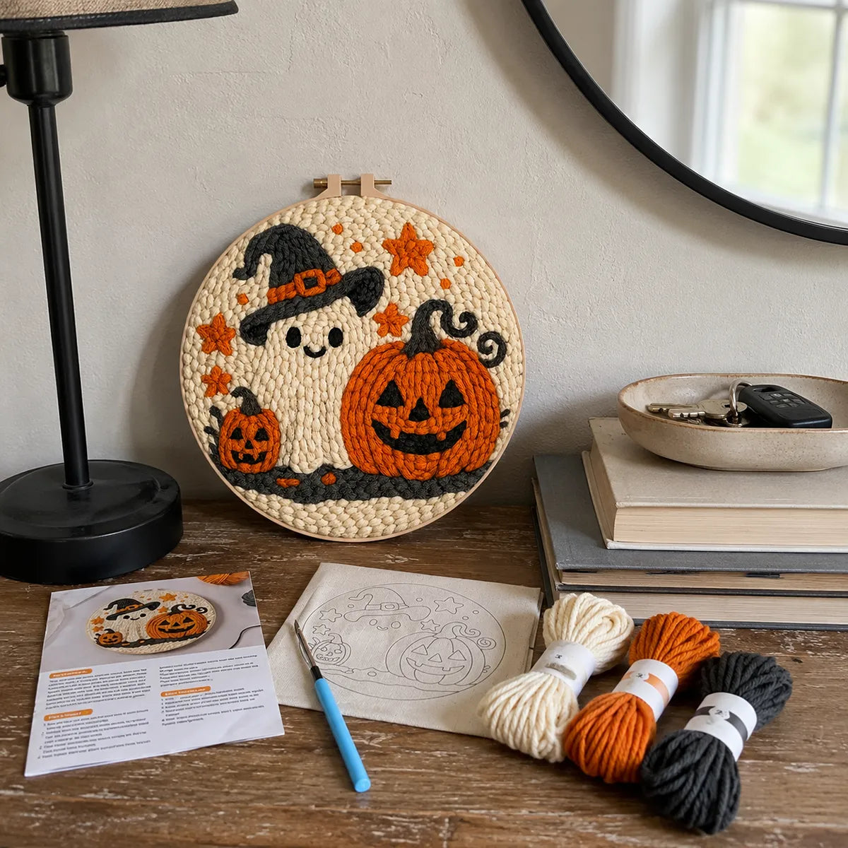 Halloween Ghost Punch Needle Embroidery Kit for Beginners - DIY Witch-Hat Ghost & Pumpkins Hoop Wall Art, Cozy Fall Craft Gift