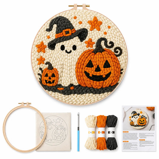 Halloween Ghost Punch Needle Embroidery Kit for Beginners - DIY Witch-Hat Ghost & Pumpkins Hoop Wall Art, Cozy Fall Craft Gift
