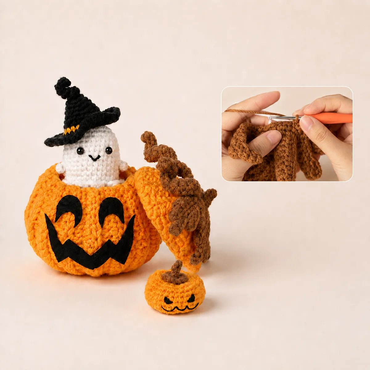 Halloween Ghost & Pumpkin Crochet Kit for Beginners - Amigurumi Ghost Hiding in a Jack-o'-Lantern, Lift-the-Lid Surprise, DIY Gift
