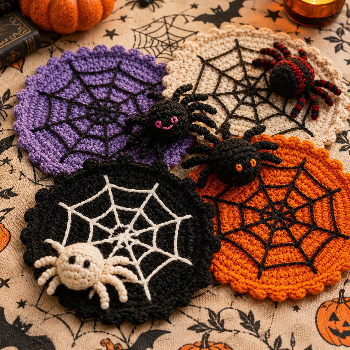 Spider Web Crochet Coaster with Spider — Handmade Halloween Mug Rug, Spooky Cute Table Decor
