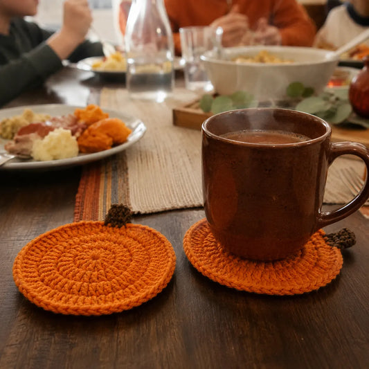 Crochet Pumpkin Coaster Set — Handmade Fall Mug Rug, Cotton Autumn Table Decor for Coffee