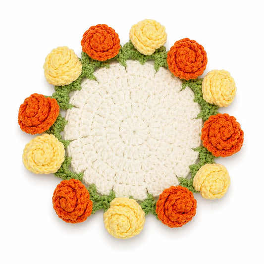 Crochet Marigold Coaster — Handmade Fall Flower Mug Rug That Folds Into a Bouquet, Autumn Decor