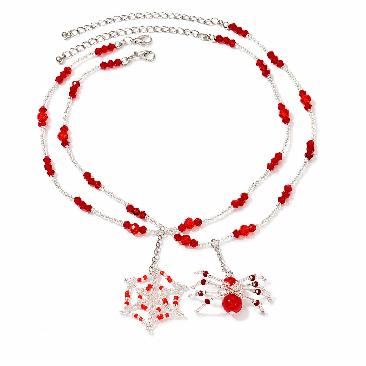 Red Spider Web Necklace, Gothic Beaded Spider Choker, Handmade Halloween Statement Necklace, Vampire Cosplay Jewelry