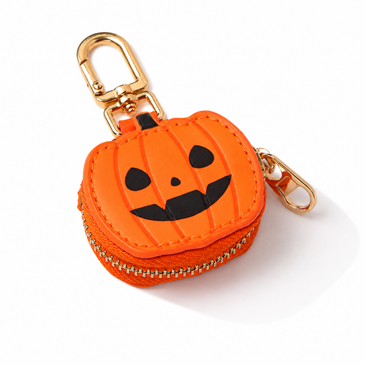 Halloween Mini Coin Purse Keychain — PU Leather Zip Pouch for Earbuds, AirTag & Lip Balm | Pumpkin & Spider