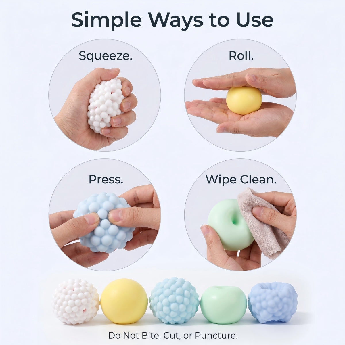 Simple ways to use textured squishy stress balls including squeeze, roll, press, and wipe clean care tips