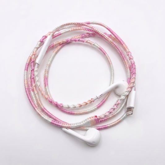 Cherry blossom pink earphone charm wrap — cute floral headphone accessory handmade