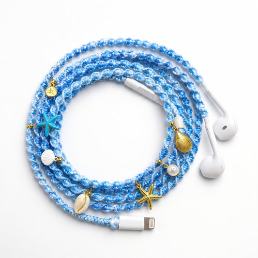 Coastal shell initial earphone wrap personalized — ocean starfish charm handmade