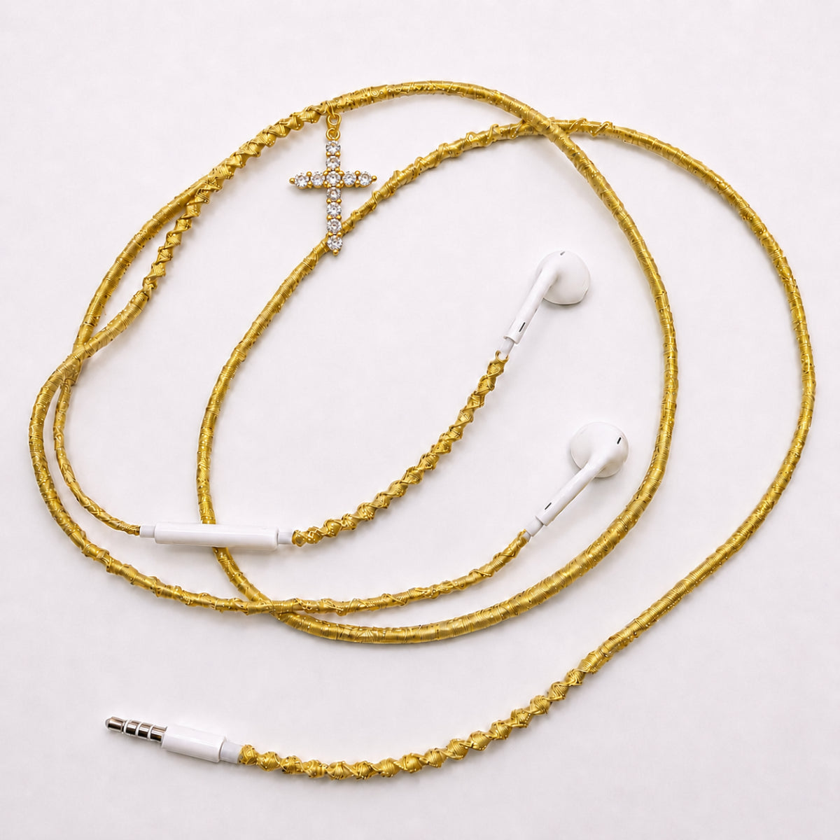 Crystal cross gold earphone charm — faith inspired handmade braided wrap