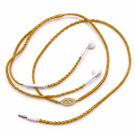 Evil Eye Gold Hand-Wrapped Wired Earphones — Nazar Protection Charm