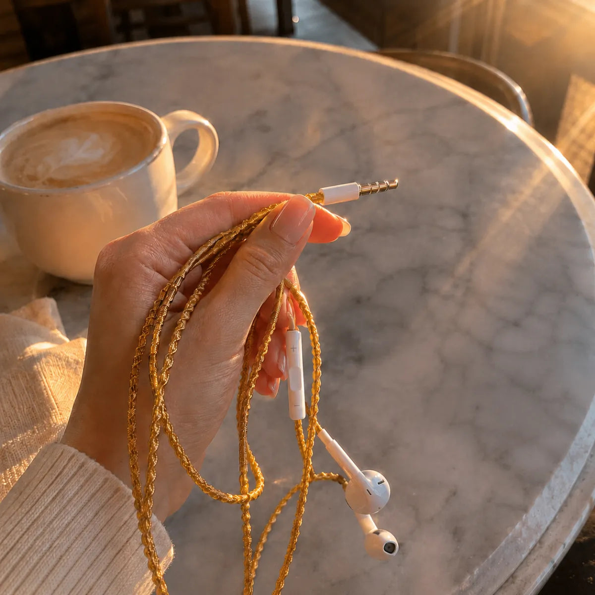 First person POV of hand holding gold wrapped earphones plugging the 3.5mm jack into a smartphone next to coffee cup on cafe table, golden hour light catching the gold cord