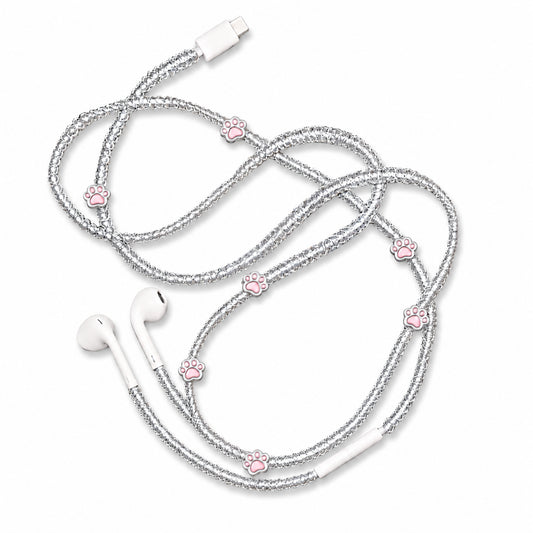 Paw print silver earphone charm wrap — cat lover handmade headphone accessory