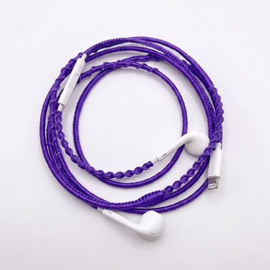 Violet deep purple earphone wrap — handmade wired headphone accessory