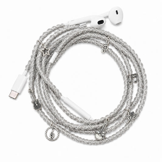 Celestial silver earphone charm wrap — star moon handmade headphone accessory