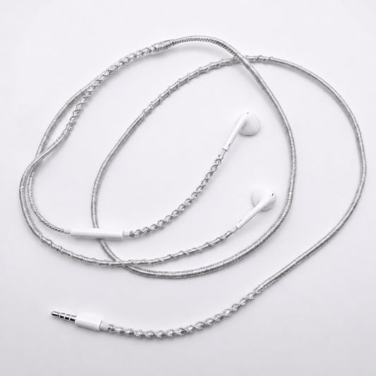 Silver mist soft grey earphone wrap — minimal handmade wired headphone accessory