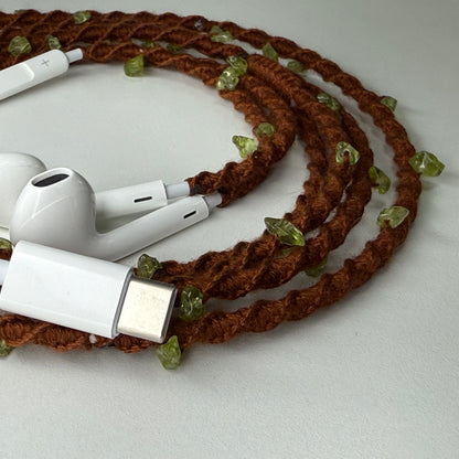 Bronze Bead Macrame-Wrapped Wired Earphones — Boho Metal Accents