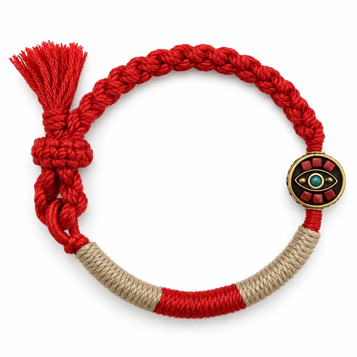 Evil eye bracelet on braided red string with a round brass eye bead with red and sea-green clay inlay and a red tassel