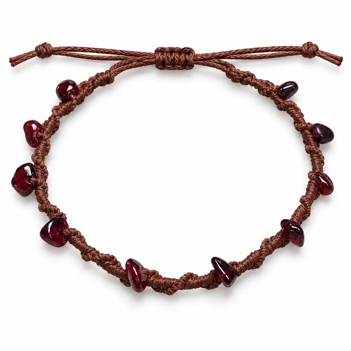Red agate jewelry: spiral knot bracelet with wine-red agate chips on brown waxed cord with a sliding knot