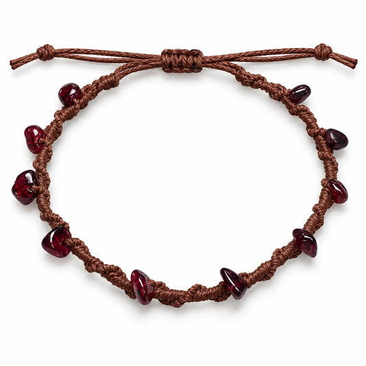 Red agate jewelry: spiral knot bracelet with wine-red agate chips on brown waxed cord with a sliding knot