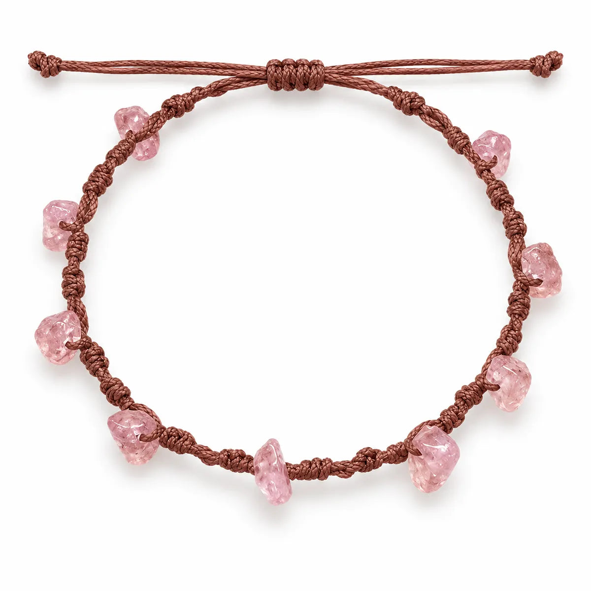 Pink quartz bracelet with speckled pink quartz chips on a brown waxed cord spiral knot with a sliding knot