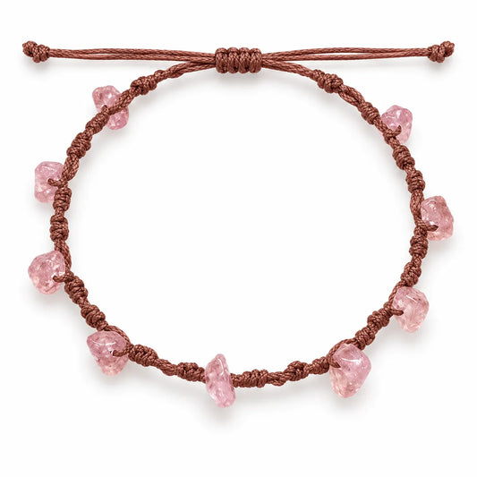Pink quartz bracelet with speckled pink quartz chips on a brown waxed cord spiral knot with a sliding knot