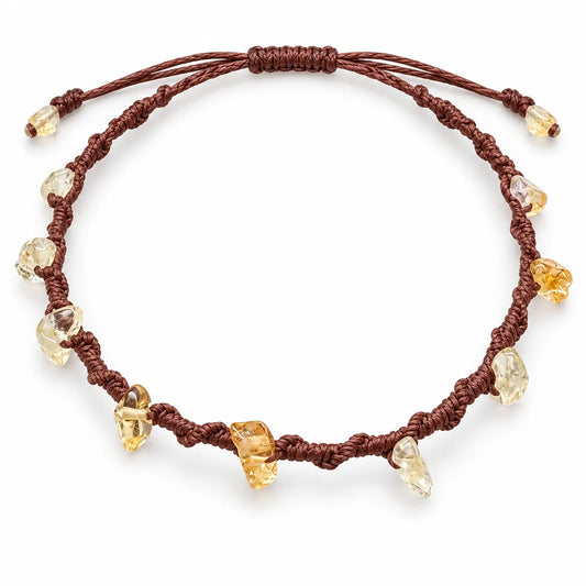 Crystals for abundance bracelet with pale gold yellow quartz chips on a brown waxed cord spiral knot