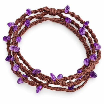 Amethyst bracelet with purple amethyst chips on a triple-wrap brown waxed cord spiral knot