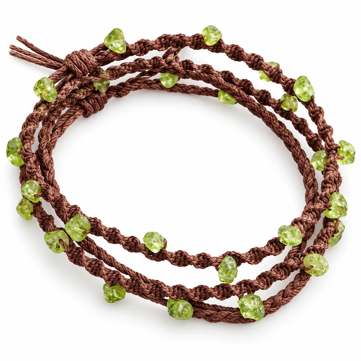 Peridot August birthstone bracelet with lime green peridot chips on a triple-wrap brown waxed cord spiral knot
