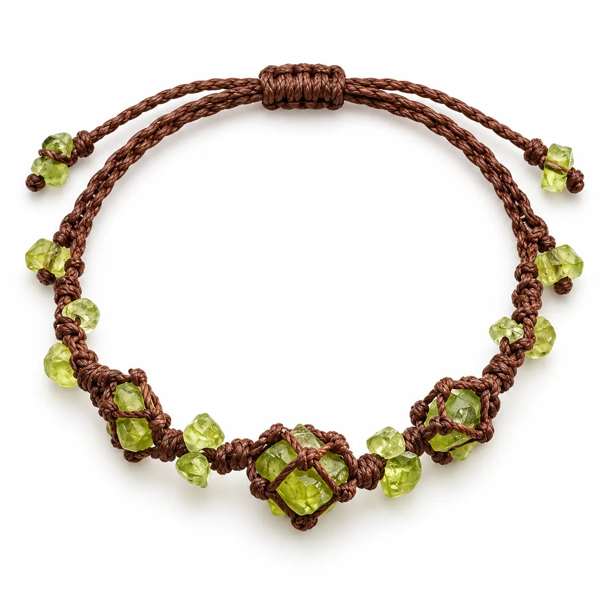 Peridot bracelet with three raw peridot stones wrapped in brown waxed cord with lime green peridot chips