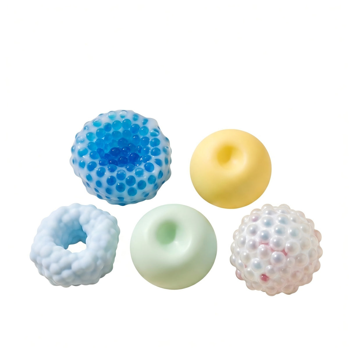 Five piece textured squishy stress ball set with pastel bumpy, smooth, and soft squeeze designs on a white background