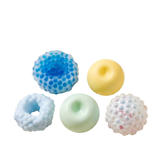 Five piece textured squishy stress ball set with pastel bumpy, smooth, and soft squeeze designs on a white background