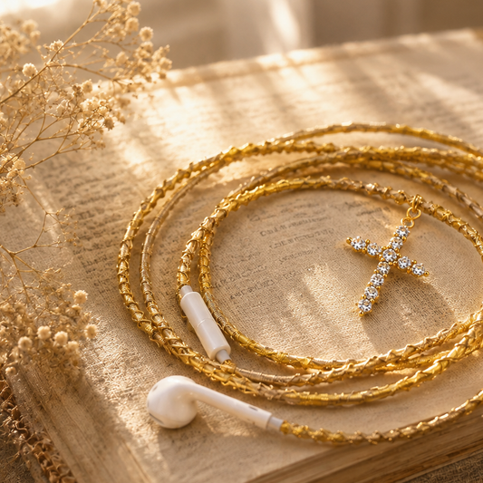 Crystal Cross Gold Hand-Wrapped Wired Earphones — Faith-Inspired Charm