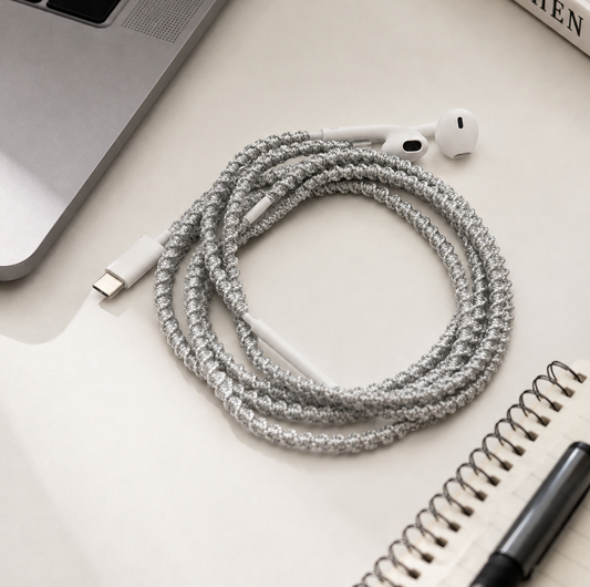 Silver Shimmer Hand-Wrapped Wired Earphones — Minimal Metallic Finish