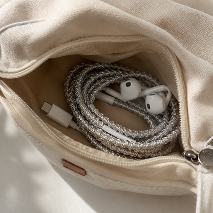 Silver Shimmer Hand-Wrapped Wired Earphones — Minimal Metallic Finish