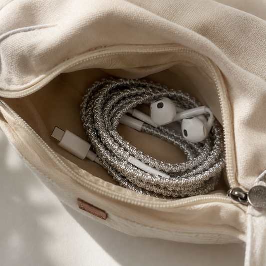 Silver Shimmer Hand-Wrapped Wired Earphones — Minimal Metallic Finish