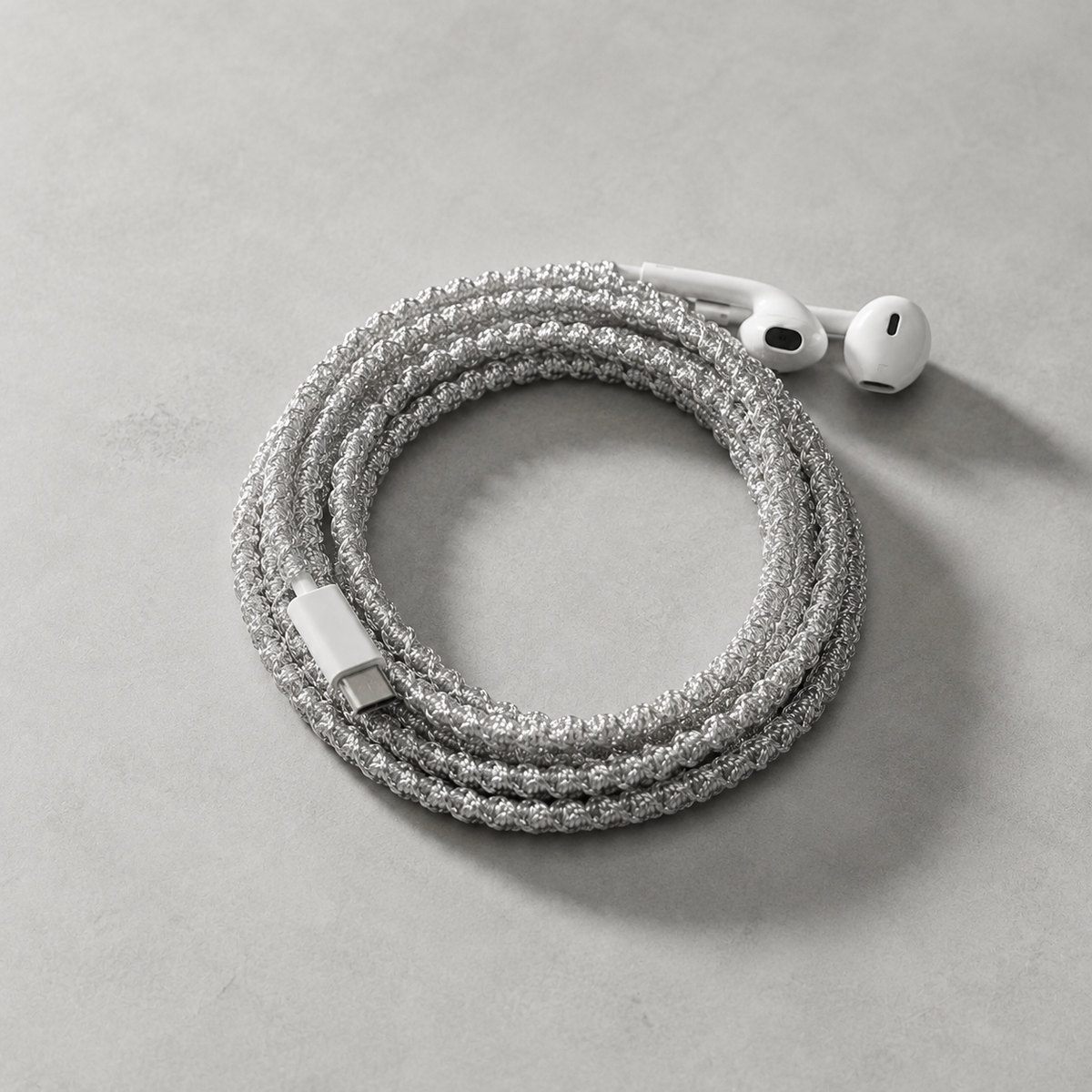 Silver Shimmer Hand-Wrapped Wired Earphones — Minimal Metallic Finish