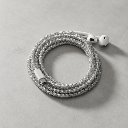 Silver Shimmer Hand-Wrapped Wired Earphones — Minimal Metallic Finish