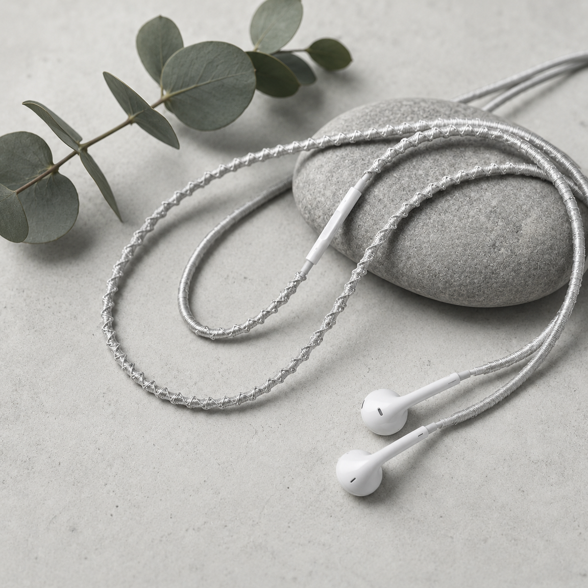 Silver Mist Hand-Wrapped Wired Earphones — Soft Grey Minimal Finish