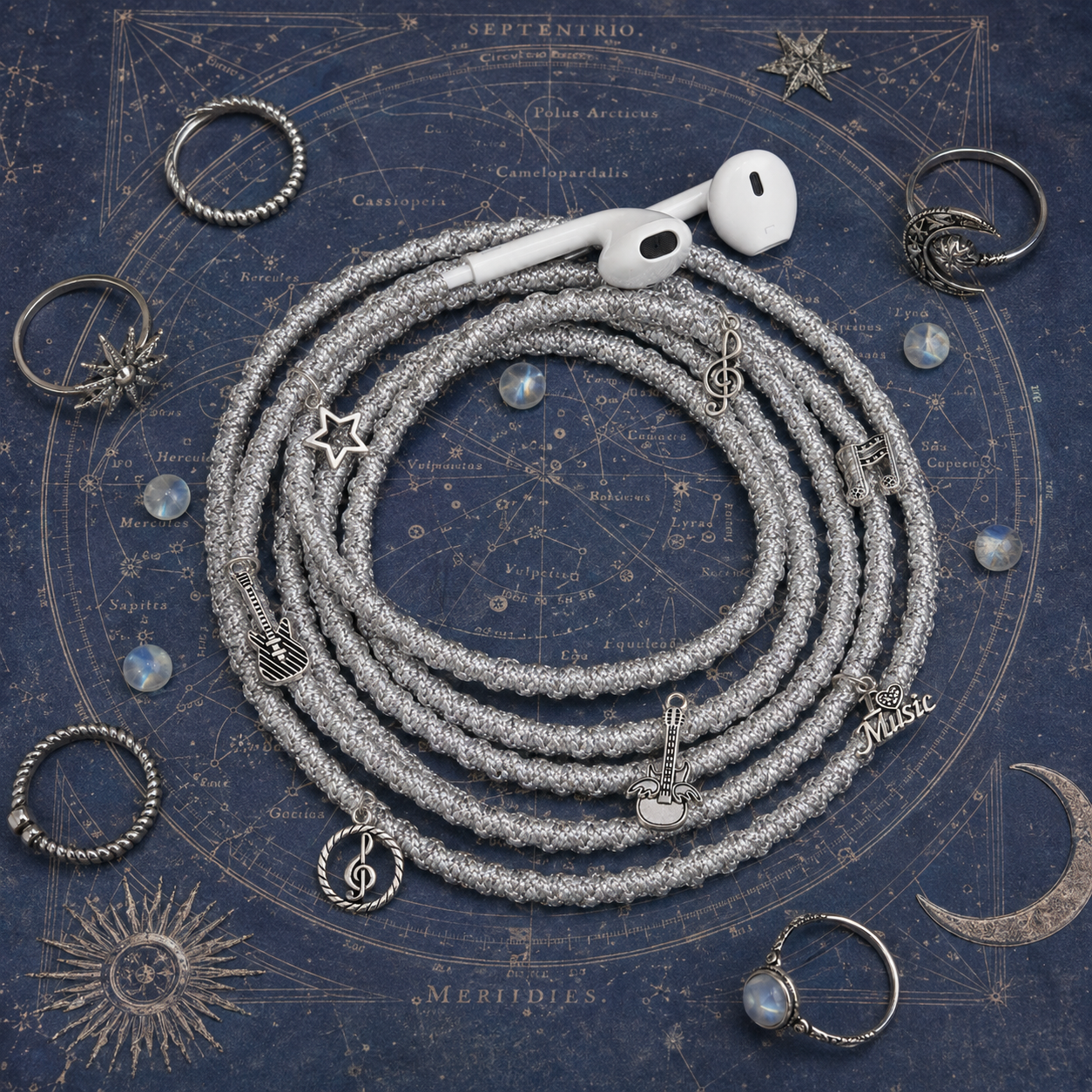 Celestial Hand-Wrapped Wired Earphones — Silver Star & Moon Charms