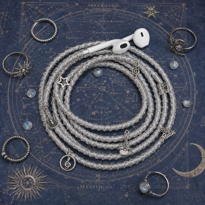Celestial Hand-Wrapped Wired Earphones — Silver Star & Moon Charms