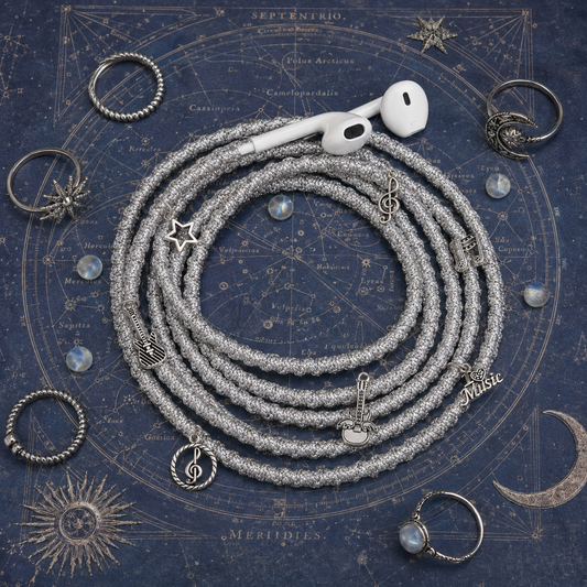 Celestial Hand-Wrapped Wired Earphones — Silver Star & Moon Charms