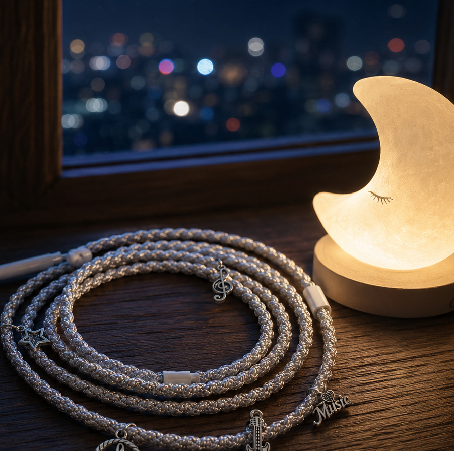 Celestial Hand-Wrapped Wired Earphones — Silver Star & Moon Charms