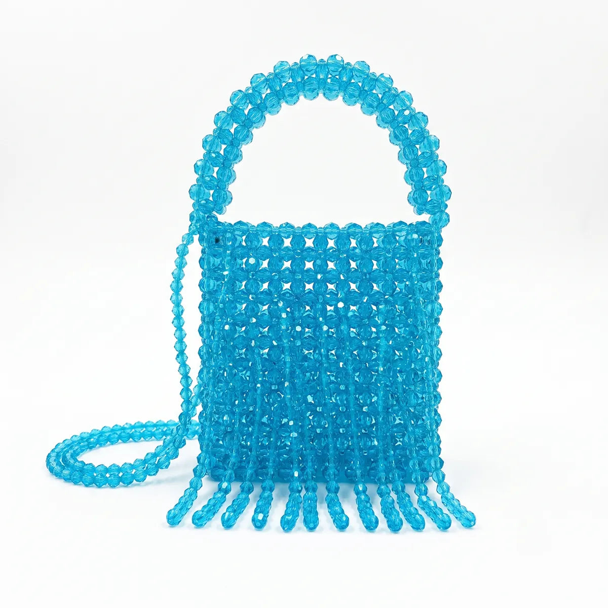 Blue Beaded Shoulder Bag — Crystal Beads with Fringe Accent