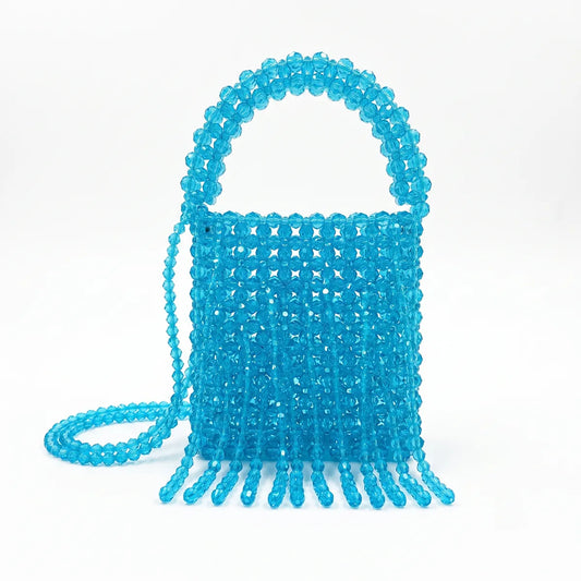 Blue Beaded Shoulder Bag — Crystal Beads with Fringe Accent