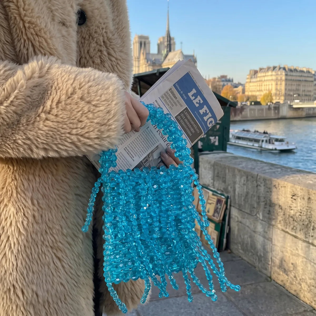 Blue Beaded Shoulder Bag — Crystal Beads with Fringe Accent