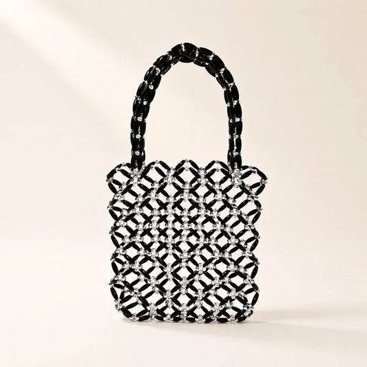 Black Beaded Evening Purse — Crystal Sparkle, Featherlight