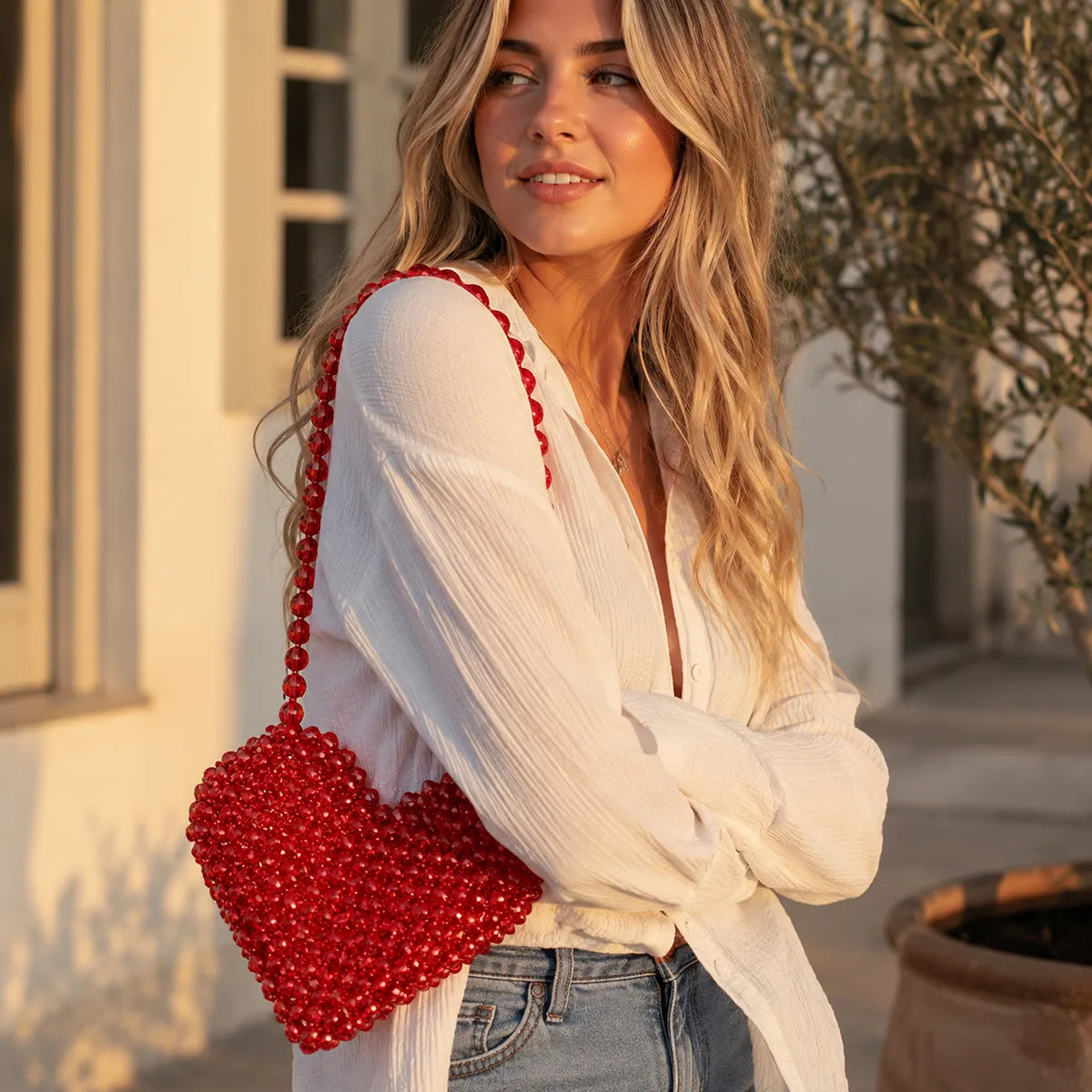 Red Heart Shaped Crossbody Bag — Hand-Beaded